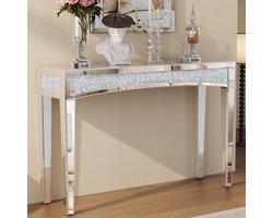 Consoletafel met spiegeloppervlak: 120 x 35 x 80 cm, moderne zilveren haltafel van glas met glanzende diamanten, luxe decoratie voor hal, kaptafel, woonkamer, slaapkamer
