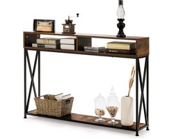 consoletafel ,sidetable gangtafel entreetafel met open plank & opbergcompartimenten, stevige stalen frame, verstelbare voeten, anti-kantelen ontwerp, industriële bijzettafel voor woonkamer/entree/gang, 120 x 23 x 79 cm (Rustiek brui