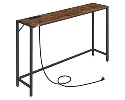 Consoletafel Smal - Moderne Haltafel met Stopcontact en USB-C - Industriële Sidetable Metaal en Houtlook - Smalle Wandtafel voor Hal, Woonkamer en Entree - Console Tafel Vintage Bruin Zwart