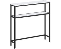 Consoletafel - Smalle Sidetable - Salontafel met 2 Planken - Industrieel & Modern Design - Haltafel - Hout met Wit Marmeren Textuur - 20 x 80 x 80 cm