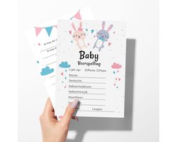 Consumerce® Babyshower Gender Reveal Invulkaarten Konijntjes – 30 Stuks – Invulboek Cadeau – Baby Shower Spelletjes – Jongen Meisje – Boy Girl – Genderreveal – Voorspellingen – Voorspel Kaarten Set – Decoratie Kraskaart