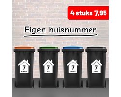 Containerstickers VIER STUKS voor 7,95 UV - Waterproof - Kliko stickers voordeelset - Cijfer stickers 1234567890 | 16cm breed 18cm hoog | Huisje met Huisnummer en Tekst: Plastic, Papier, GFT en Restafval | Klikostickers