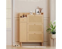 Contemporary Rattan Shoe Cabinet for Narrow Entrances - 3 Tilting Doors & 1 Drawer, Solid Wood Legs & Handles, Space-Saving Design, 90x125x17cm, Small Shoe Rack, Hallway Furniture, Minimalist Furniture, Natural Aesthetic, Storage Furniture