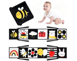 Contrastboek voor baby's, zwart-rood dubbelzijdig babystoffenboek, zacht prentenboek van stof met spiegels, kinderwagen contrastspeelgoed baby 0 3 6 maanden cadeau voor baby's