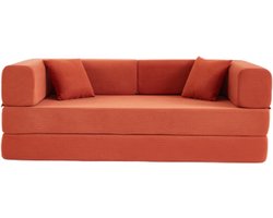 Conversiebank Slaapbank met Cylindrisch Kussen, Ribfluwelen Opklapbare Matrassofa met Vaste Frame, Vloerbank Loungebank voor Woonkamer Slaapkamer Lounge Studio (Oranjerood)