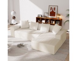 Convertibele L-vormige Bank, 3-Zitsbank, Hoekbank, Volledig Gecomprimeerde, Frameloze Bank, Cloud combinatiebank met L-vormige Chaise Longue, Moderne Modulaire Bank met Diepe Zitvlakken, Gestoffeerde bank Voor Woonkamer en Slaapkamer-Wit