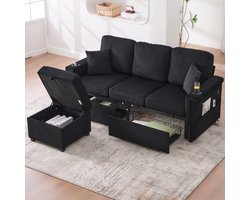 Convertibele L-vormige Bank, 3-Zitsbank, Hoekbank，Hoogwaardige Fluwelen Bank met Ledverlichting en USB-C-poort, Inclusief Opbergruimte in de Voetensteun, Praktische Bekerhouders en Zijvakken – Zwart