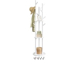 Conway Living® Kapstok met 11 Haken en 3 Planken – Met Wielen – Massief Houten Haken - 360° Draaibaar - 40x40x175 cm - Wit