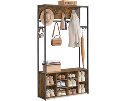 Conway Living® Kapstok met Schoenenkast - Kapstok met bank - Kledingrek - Schoenenrek - 18 haken - bovenste plank - voor hal - slaapkamer - industrieel design - vintage bruin - zwart