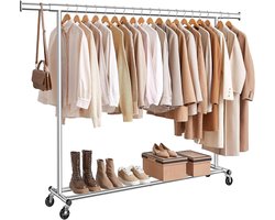 Conway Living® - Kledingrek op Wieltjes - Heavy Duty Verrijdbaar Kledingrek - Garderoberek - Verstelbare kledingstang - Uitschuifbare Kledingstang - Verstelbare Hangstang - Stabiel tot 150 kg - Zilver