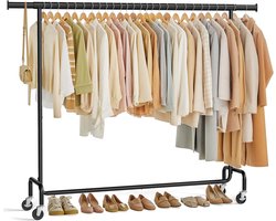 Conway Living® - Kledingrek op Wieltjes - Heavy Duty Verrijdbaar Kledingrek - Garderoberek - Verstelbare kledingstang - Uitschuifbare Kledingstang - Verstelbare Hangstang - Stabiel tot 150 kg - Zwart