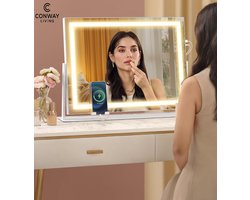 Conway Living® Make-up Spiegel met Verlichting - 58x46 cm - Hollywood spiegel met bluetooth - 15 LED Lampen - 3 Lichtkleuren - USB-C en USB-C - Visagie Spiegel - Smart Touch - Telefoonhouder aan Beide zijden