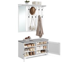 Conway Living® Multifunctionele Kapstok Inclusief Zitkussen – Wit – Met Spiegel - Wandkapstok en Schoenenrek – Schoenenkast - Wit - 10 Dubbele haken - Geschikt voor 12 paar schoenen -