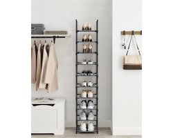 Conway Living® - Schoenenrek - Schoenenbank 10 niveaus - Open Schoenenkast - Opbergkast van Schoenen Industrieel - Smal en Hoog - 33 x 33 x 173 cm - Metalen Zwart - Frame Grijs