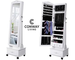 Conway Living® | Staande Passpiegel | Sieradenkast met Spiegel & LED | Verrijdbaar met Rem | Grote Opbergruimte voor Oorbellen, Kettingen & Ringen | Slot & Sleutel | Wit