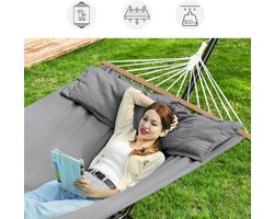 Conway Living® XXL Hangmat met karabijnhaak - Hangmat 2 Persoons - Hangmat met Spreidstok - 210 x 150 cm - Beige - Inclusief touwen - Met 2 Houten Stokken en 2 Kussens - Draagvermogen tot 300 kg