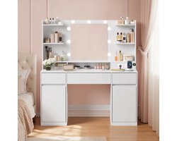 Conway Living® -XXL Kaptafel - Make Up Tafel met Spiegel - 9 LED Lampen - Met 2 Stopcontacten & USB A & USB C - 3 Lades en 2 Kasten met 8 Planken - 144x110x40 cm - Wit