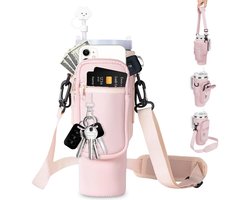 COOAU - Hoes voor Stanley Cup 1,2L / 40oz - Waterfles tas - Waterfles draagtas met telefoonvak - Karabijnhaak en verstelbare schouderriem - Voor reizen, wandelen, hardlopen, fietsen - Roze
