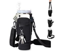 COOAU - Hoes voor Stanley Cup 1,2L / 40oz - Waterfles tas - Waterfles draagtas met telefoonvak - Karabijnhaak en verstelbare schouderriem - Voor reizen, wandelen, hardlopen, fietsen - Zwart