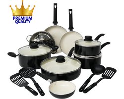 COOCK 19-Delige Pannenset Inductie - Speciale Anti-Aanbak Coating - Ergonomische Koudgrepen - Gerecycled Aluminium - koekenpannenset - kookpottenset - Zwart/Wit - Inclusief Onderzetters en E-book