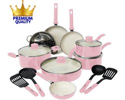 COOCK 19-Delige Pannenset - Speciale Anti-Aanbak Coating - Ergonomische Koudgrepen - Gerecycled Aluminium - koekenpannenset - kookpottenset - Lichtroze - Inclusief Onderzetters en E-book