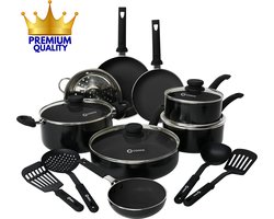 COOCK 22-Delige Pannenset Inductie - Speciale Anti-Aanbak Coating - Ergonomische Koudgrepen - Gerecycled Aluminium - koekenpannenset - kookpottenset - Zwart - Inclusief Onderzetters en E-book