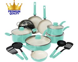 COOCK 22-Delige Pannenset Inductie - Speciale Anti-Aanbak Coating - Ergonomische Koudgrepen - Gerecycled Aluminium - koekenpannenset - kookpottenset - Turqoise (Groen) - Inclusief Onderzetters en E-book
