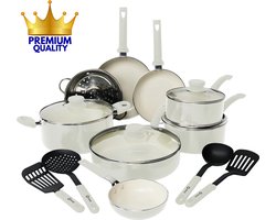 COOCK 22-Delige Pannenset Inductie - Speciale Anti-Aanbak Coating - Ergonomische Koudgrepen - Gerecycled Aluminium - koekenpannenset - kookpottenset - Wit - Inclusief Onderzetters en E-book
