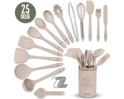 Coock Keukengerei Set met Houder - 25-Delig - 100% Siliconen - Krasvrij voor Anti-Aanbaklaag - Hittebestendig tot 250 °C - BPA-Vrij & Met Ophangoogjes – Vaatwasserbestendig - Beige met Elegante Gouden Streep