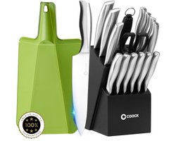 COOCK - Messenset met Blok en Vouwbare Snijplank - Keukenmessen met Schaar en Aanzetstaal (Messenslijper) - 17-Delige Keukengerei set in Messenblok – Met Krasbestendige Coating - Full RVS
