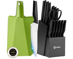 COOCK - Messenset met Blok en Vouwbare Snijplank – Keukenmessen - Schaar - Aanzetstaal (Messenslijper) – 15-Delige Keukengerei Set in Messenblok - Met Krasbestendige Coating - RVS/Zwart