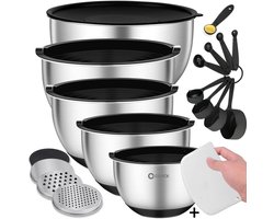 COOCK RVS Beslagkommen – 24 Delige Mengkommenset – Set van 5 - met Bewaardeksel en 3 Raspen - Schaal voor Salades en Mengen - Keukenkommen 1,5 t/m 5 Liter – Inc. Maatschepjes & Deegschraper - Zwart