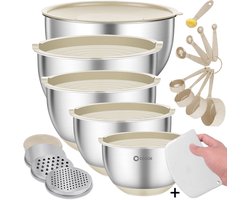 COOCK RVS Beslagkommen – 24 Delige Mengkommenset – Set van 5 - met Bewaardeksel en 3 Raspen - Schaal voor Salades en Mengen - Keukenkommen 1,5 t/m 5 Liter – Inc. Maatschepjes & Deegschraper - Beige