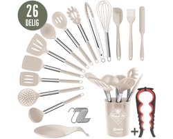 COOCK Siliconen Keukengerei Set met Houder XL - Kookgerei Set 27 delig - BPA-Vrij & Plastic Vrij - Ophangbaar - Incl. Opener - Beige