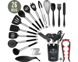 COOCK Siliconen Keukengerei Set met Houder XL - Kookgerei Set 27 delig - BPA-Vrij & Plastic Vrij - Ophangbaar - Incl. Opener - Zwart