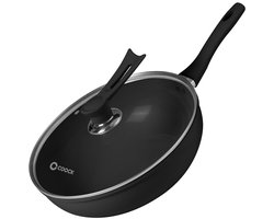COOCK Wokpan Inductie 32cm - Speciale Anti-Aanbak Coating - Roerbakpan met deksel - Gerecycled Aluminium - Zwart - Inclusief E-book