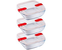 Cook & Heat Vierkante Schaal Met Magnetronbestendige Deksel - Set van 3 Stuks - Glas - Pyrex