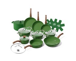 Cook & Pan 12-Delige Pannenset Groen - PFAS vrij - Alle Warmtebronnen - Pannen Set met 7 jaar Garantie - Krasbestendige Anti Aanbaklaag - Vaatwasserbestendig - Koekenpan, Wokpan, Steelpan, Hapjespan, Kookpot, Gietijzeren Braadpan, Pannenbeschermers