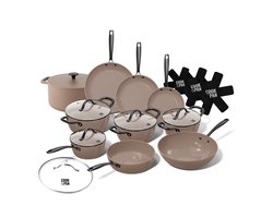 Cook & Pan 12-Delige Pannenset Taupe - PFAS vrij - Alle Warmtebronnen - Pannen Set met 7 jaar Garantie - Krasbestendige Anti Aanbaklaag - Vaatwasserbestendig - Koekenpan, Wokpan, Steelpan, Hapjespan, Kookpot, Gietijzeren Braadpan, Pannenbeschermers