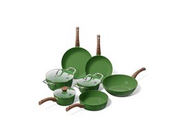 Cook & Pan 7-Delige Pannenset Groen - PFAS vrij - Alle Warmtebronnen - Pannen Set met 7 jaar Garantie - Krasbestendige Anti Aanbaklaag - Vaatwasserbestendig - Gas, Inductie, Elektrisch, Oven - Koekenpan, Wokpan, Steelpan, Hapjespan, Kookpot