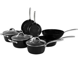 Cook & Pan 7-Delige Pannenset Zwart - PFAS vrij - Alle Warmtebronnen - Pannen Set met 7 jaar Garantie - Krasbestendige Anti Aanbaklaag - Vaatwasserbestendig - Gas, Inductie, Elektrisch, Oven - Koekenpan, Wokpan, Steelpan, Hapjespan, Kookpot