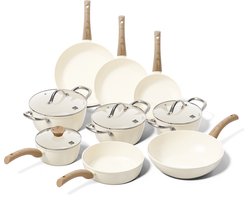 Cook & Pan 9-Delige Pannenset Crème - PFAS vrij - Alle Warmtebronnen - Pannen Set met 7 jaar Garantie - Keramische Anti Aanbaklaag - Vaatwasserbestendig - Gas, Inductie, Elektrisch, Oven - Koekenpan, Wokpan, Steelpan, Hapjespan, Kookpot - Beige