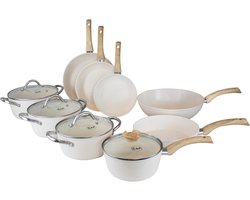 Cook & Pan 9-Delige Pannenset Crème - PFAS vrij - Alle Warmtebronnen - Pannen Set met 7 jaar Garantie - Krasbestendige Anti Aanbaklaag - Vaatwasserbestendig - Gas, Inductie, Elektrisch, Oven - Koekenpan, Wokpan, Steelpan, Hapjespan, Kookpot - Beige