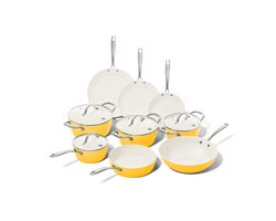 Cook & Pan 9-Delige Pannenset Sunny Side Geel - PFAS vrij - Alle Warmtebronnen - Pannen Set met 7 jaar Garantie - Keramische Anti Aanbaklaag - Vaatwasserbestendig - Gas, Inductie, Elektrisch, Oven - Koekenpan, Wokpan, Steelpan, Hapjespan, Kookpot