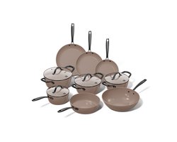 Cook & Pan 9-Delige Pannenset Taupe of Mind - PFAS vrij - Alle Warmtebronnen - Pannen Set met 7 jaar Garantie - Keramische Anti Aanbaklaag - Vaatwasserbestendig - Gas, Inductie, Elektrisch, Oven - Koekenpan, Wokpan, Steelpan, Hapjespan, Kookpot