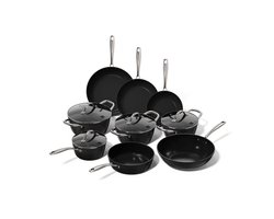 Cook & Pan 9-Delige Pannenset Zwart - PFAS vrij - Alle Warmtebronnen - Pannen Set met 7 jaar Garantie - Krasbestendige Anti Aanbaklaag - Vaatwasserbestendig - Gas, Inductie, Elektrisch, Oven - Koekenpan, Wokpan, Steelpan, Hapjespan, Kookpot