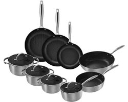 Cook & Pan Honey 9-Delige Pannenset RVS - PFAS vrij - Alle Warmtebronnen - Pannen Set 7 jaar Garantie - Krasbestendige Anti Aanbaklaag - Vaatwasserbestendig - Koekenpan, Wokpan, Steelpan, Hapjespan, Kookpot - Gas, Inductie, Elektrisch, Oven