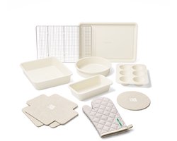 Cook & Pan Keramische Bakvormenset 9-delig Crème Wit - PFAS Vrij - Oven en Airfryer bestendig tot 280°C - PFAS-vrije Anti Aanbaklaag - Vaatwasserbestendig - Bakset met Bakplaat, Cakevorm, Muffinvorm, Ronde bakvorm, Ovenschaal, Afkoelrek, Beschermers