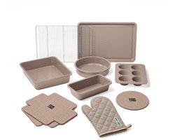 Cook & Pan Keramische Bakvormenset 9-delig Taupe - PFAS Vrij - Oven en Airfryer bestendig tot 280°C - PFAS-vrije Anti Aanbaklaag - Vaatwasserbestendig - Bakset met Bakplaat, Cakevorm, Muffinvorm, Ronde bakvorm, Ovenschaal, Afkoelrek, Beschermers