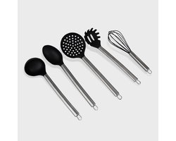 Cook & Pan Kookgerei Set 5-delig van Siliconen met RVS - Hittebestendig en Krasvrij - Anti Aanbaklaag - Soeplepel, Opscheplepel, Schuimspaan, Pastalepel en Garde - Keuken Accessoires - Keukenhulpjes - Zwart
